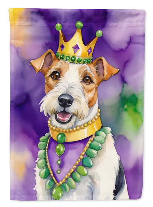 Fox terrier garden flag close-up with green crown, white fur, and purple watercolor