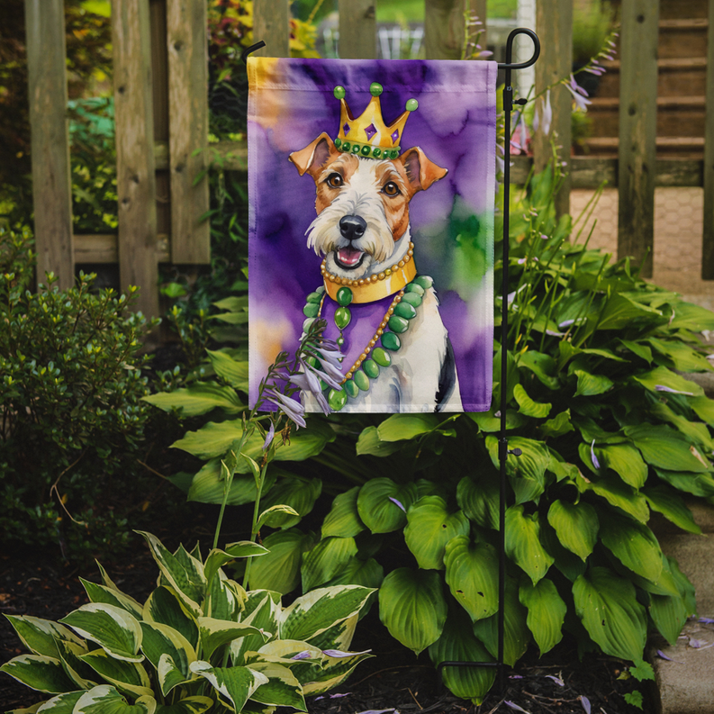 Fox terrier Mardi Gras garden flag on yard stake with green crown and bead lei