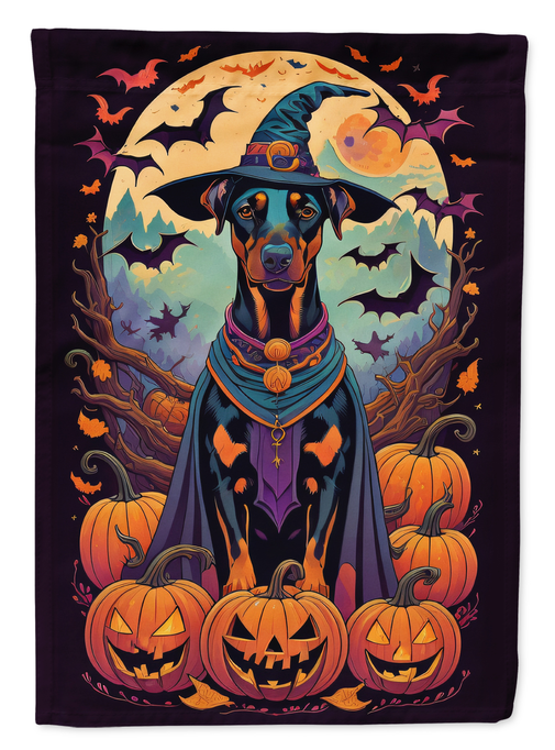 Doberman witch Halloween garden flag with full-color dog portrait, moon, bats, and pumpkins