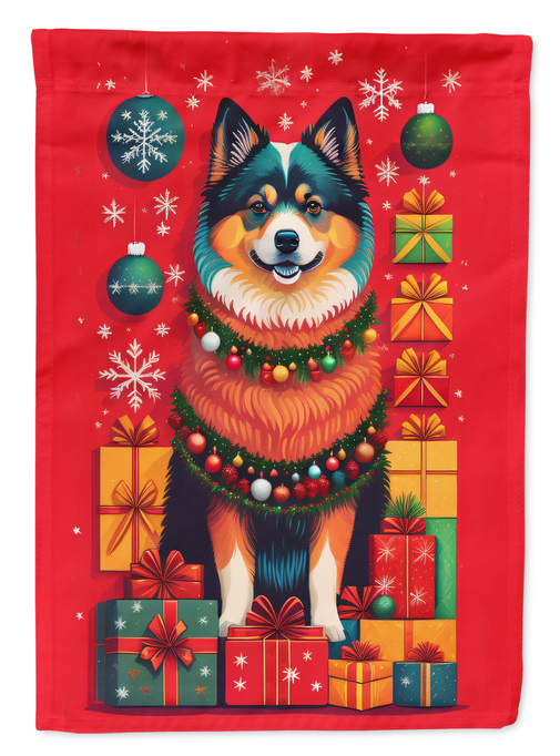 Red Christmas garden flag with smiling Finn lapphund, gifts and holiday decorations