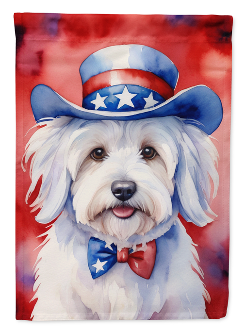 Patriotic garden flag featuring a Coton de Tulear portrait with star hat and bow