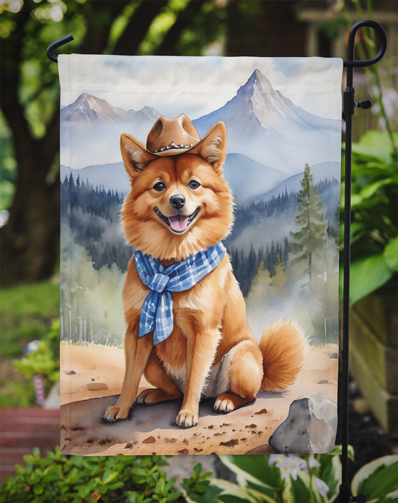 Garden flag featuring a corgi in cowboy hat with mountain watercolor
