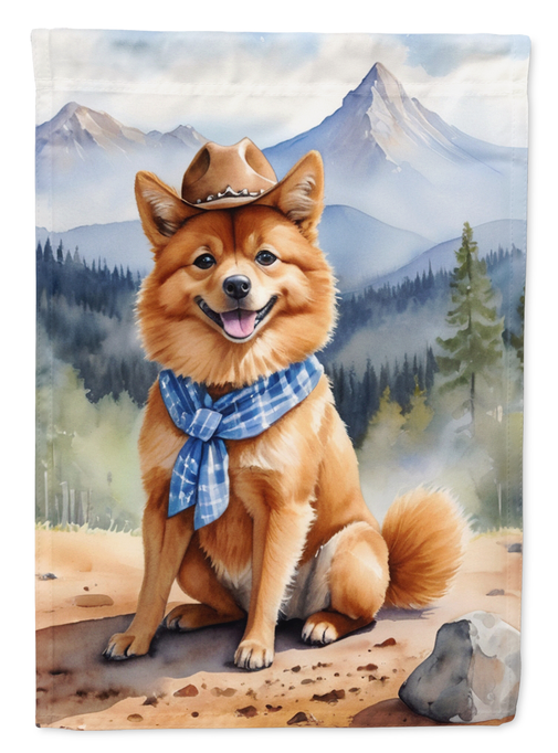 Close-up garden flag with cowboy corgi wearing blue bandana