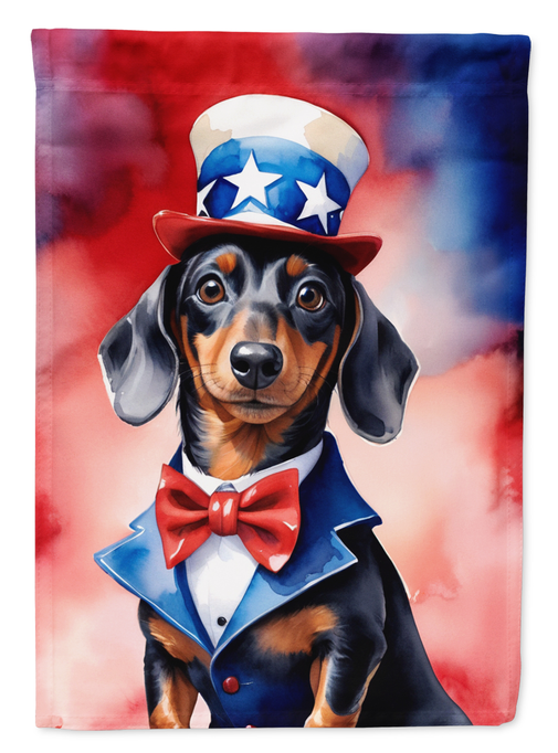 Patriotic dachshund garden flag with red-white-blue top hat and red bow tie