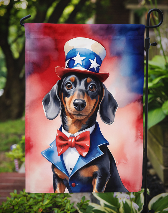 Patriotic dachshund garden flag on stake, full dog portrait with bow tie