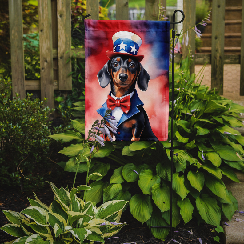Patriotic dachshund garden flag on yard stake with star hat and red bow tie