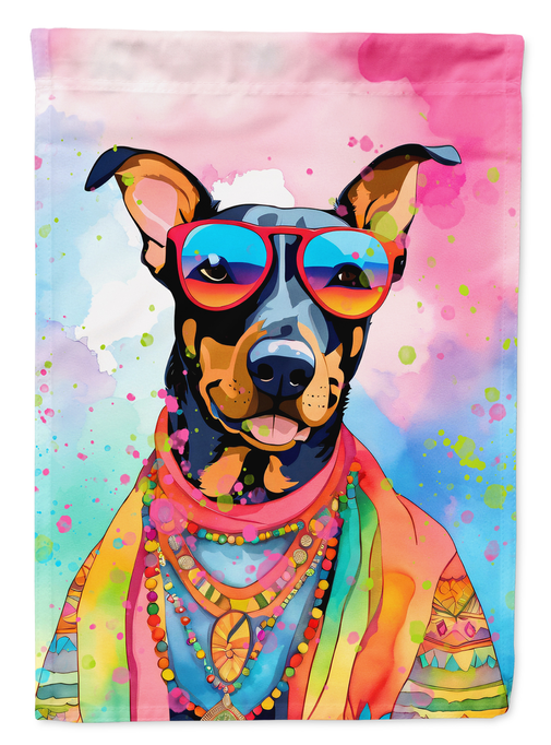 Doberman dog garden flag with teal sunglasses, colorful beads, and boho attire