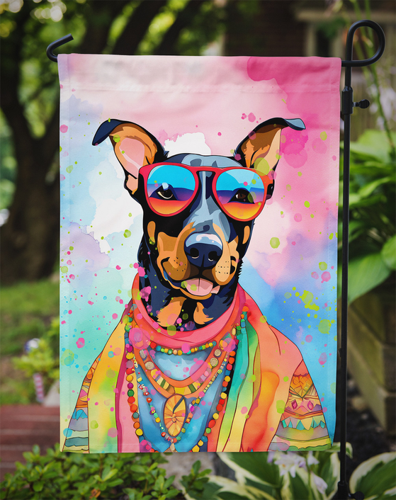 Close-up Doberman dog garden flag panel with neon sunglasses, beads, and boho scarf