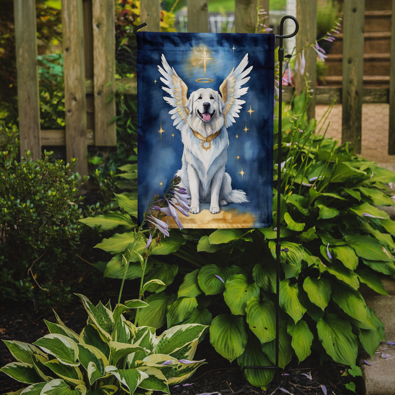 Garden flag featuring a white Great Pyrenees with angel wings and halo on blue