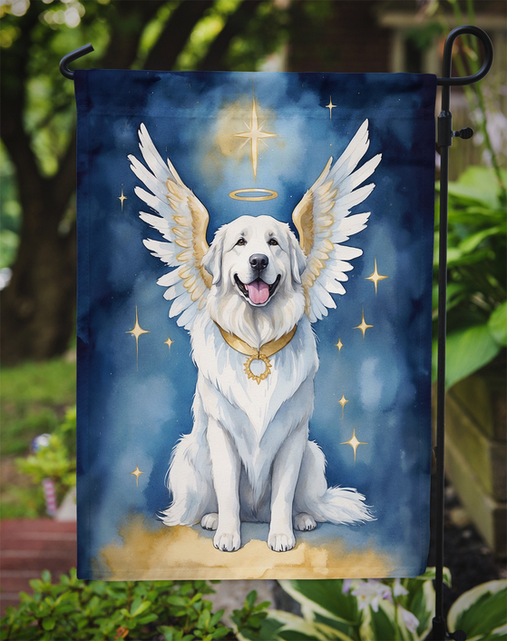 Garden flag featuring a white Great Pyrenees with angel wings and glowing halo