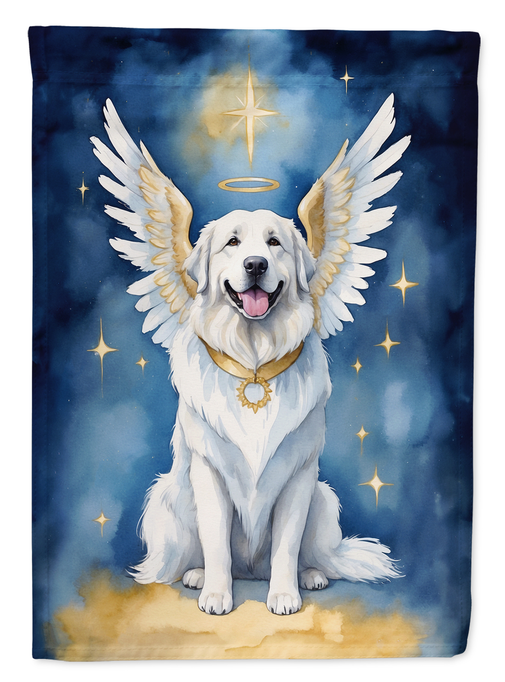 Garden flag with white Great Pyrenees angel wings and halo over blue background
