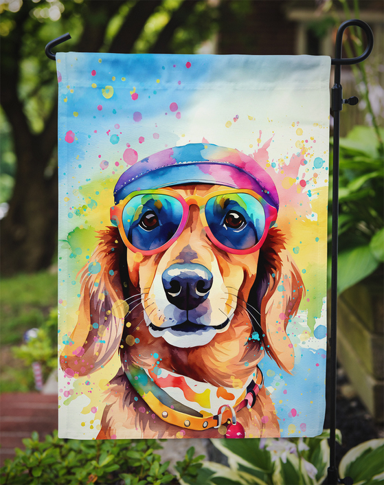 Dachshund garden flag on metal stand, dog in colorful sunglasses and hat