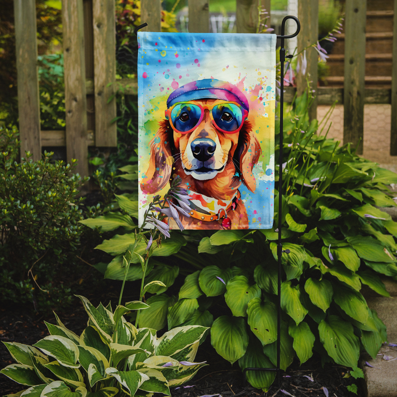 Dachshund garden flag on stand in garden, bright hippie dog portrait