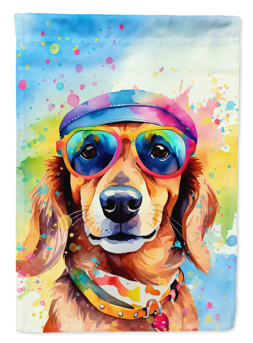 Dachshund garden flag close-up, dog with colorful sunglasses and hat