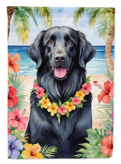 Luau garden flag featuring a black Flat-Coated Retriever with tropical flowers and palm leaves