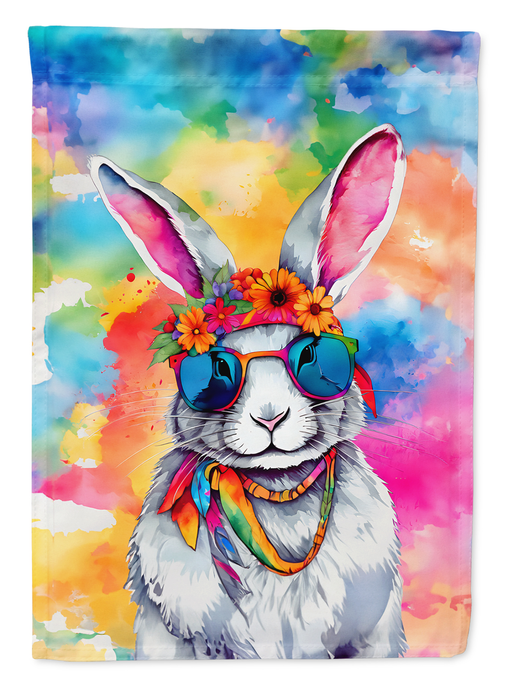 Front view watercolor rabbit garden flag with sunglasses and flowers