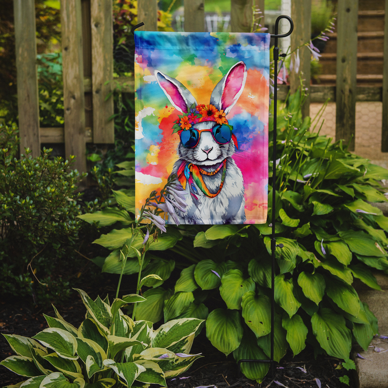 Rabbit garden flag on yard stake, watercolor style with sunglasses