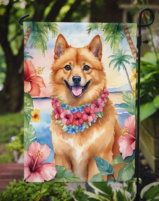 Garden flag showing orange Spitz dog with pink flower lei