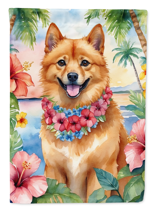 Garden flag featuring orange dog portrait with flower lei
