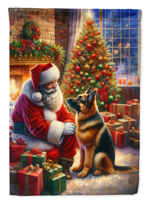 Garden flag featuring Santa, German Shepherd, brick fireplace, Christmas tree and gifts