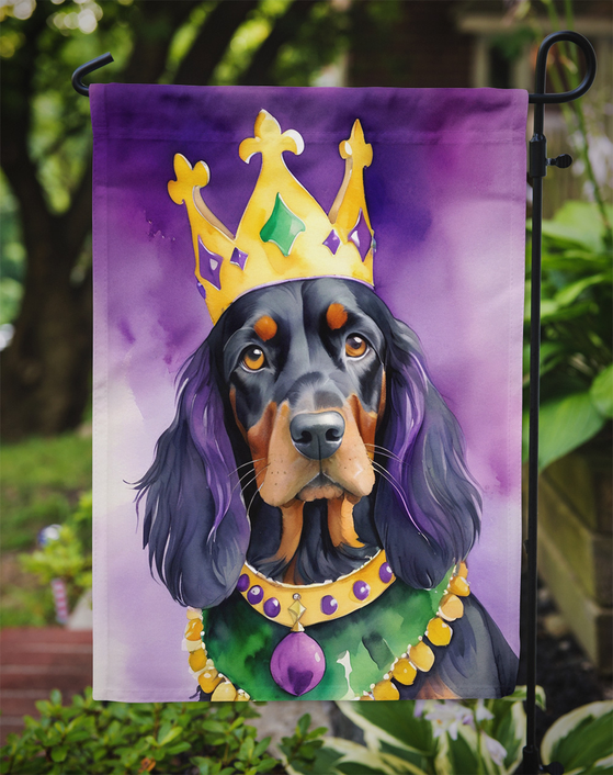 Purple garden flag featuring a Gordon setter wearing a Mardi Gras crown and beads
