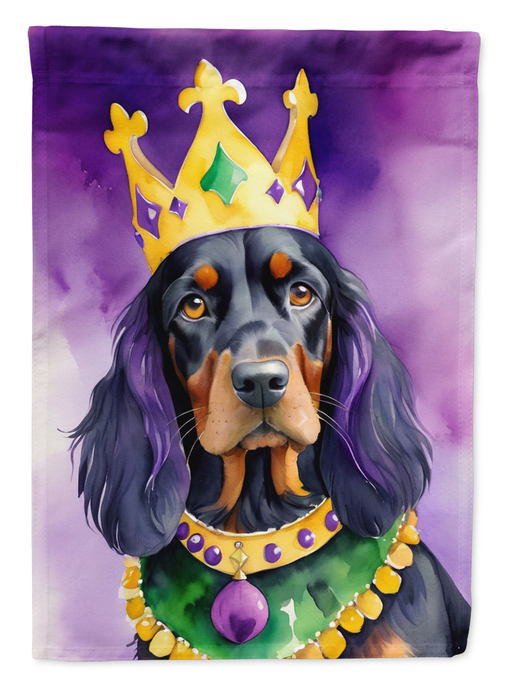 Purple garden flag close-up of Gordon setter king with gold crown and bead garland