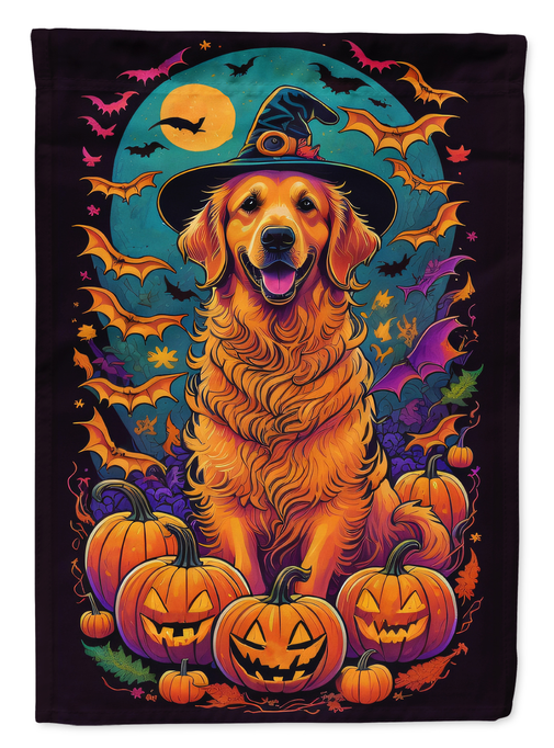 Golden retriever witch Halloween garden flag with pumpkins, bats, and glowing orange dog artwork