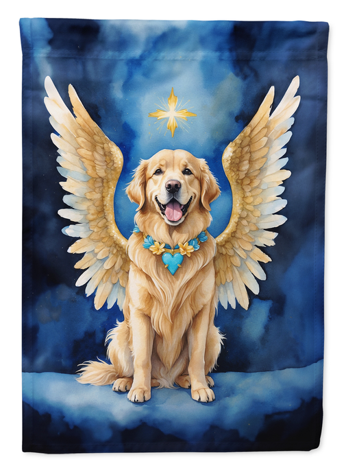 Angel garden flag with golden retriever, white wings, and gold star on blue