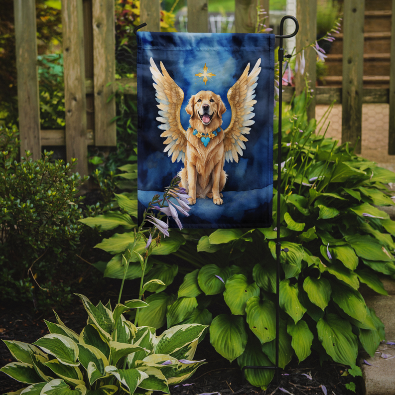 Golden retriever angel garden flag with wings, displayed on garden stake
