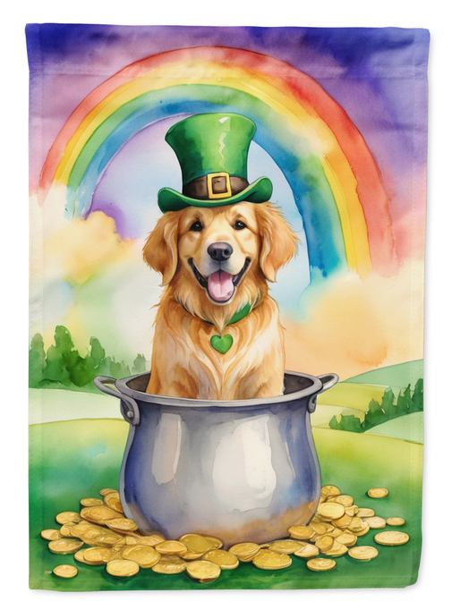 Garden flag close-up of golden retriever in green hat above cauldron and gold coins