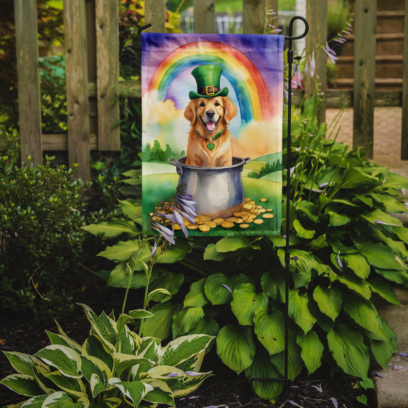 Garden flag showing golden retriever by rainbow cauldron with gold coins