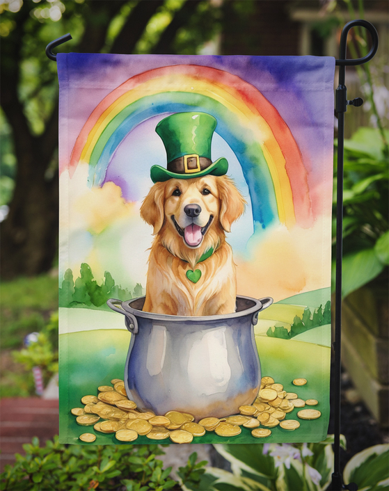 St. Patrick’s Day garden flag: golden retriever with green hat and rainbow background