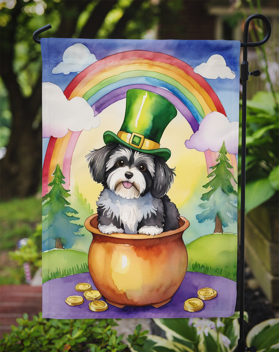 Havanese St Patrick’s Day garden flag hanging with rainbow, dog in cauldron, coins