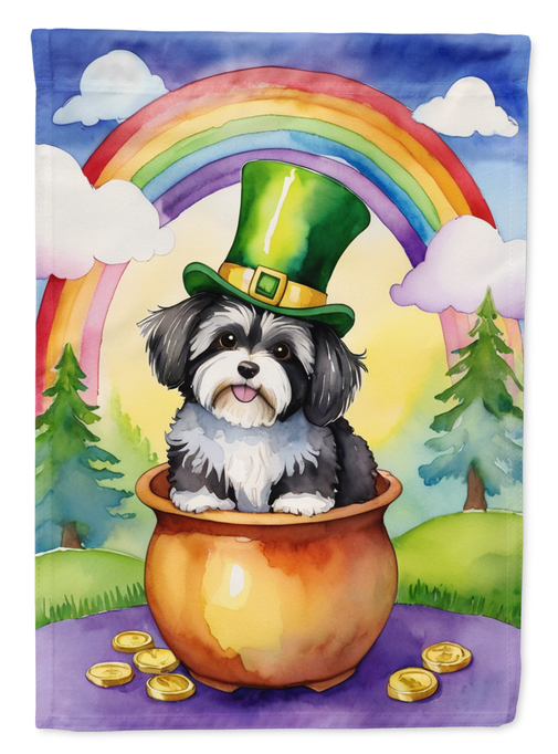 Rainbow Havanese St Patrick’s Day garden flag, dog in glowing cauldron with coins