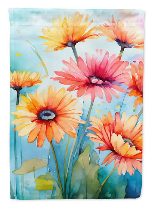 Gerbera daisy watercolor garden flag featuring orange and pink blooms with green stems