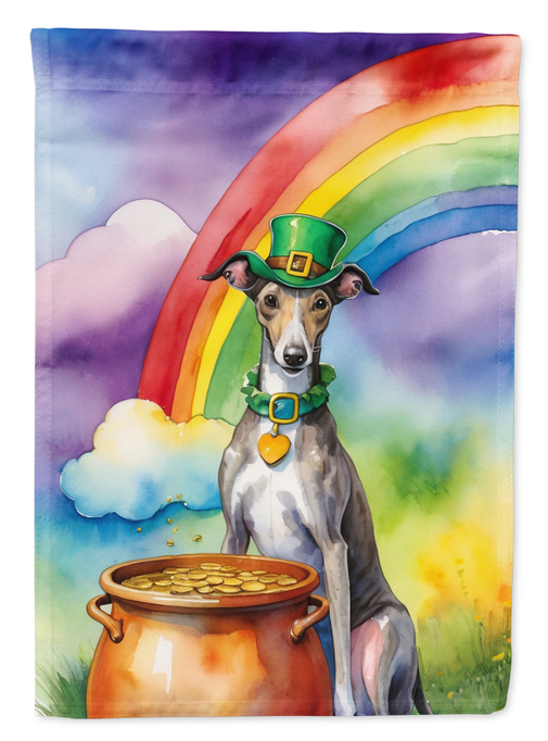 Greyhound garden flag featuring a green hat, rainbow, and cauldron of gold coins