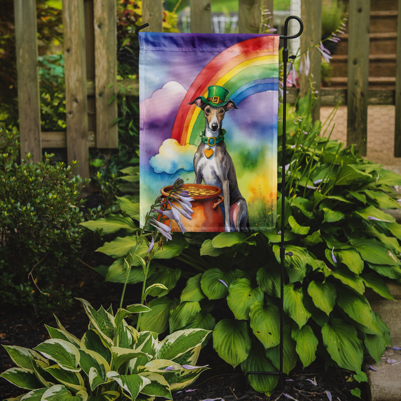 St. Patrick’s Day garden flag on yard stake with greyhound, rainbow, and gold cauldron
