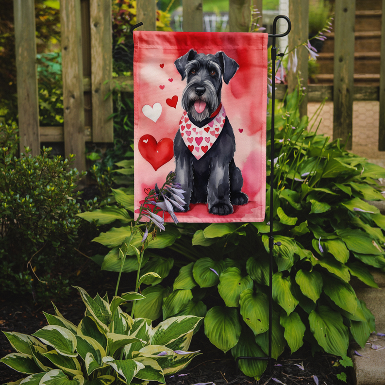 Red watercolor garden flag featuring Schnauzer in heart-pattern bandana, on stand