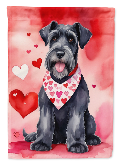 Red watercolor house or garden flag with black Schnauzer wearing pink heart bandana