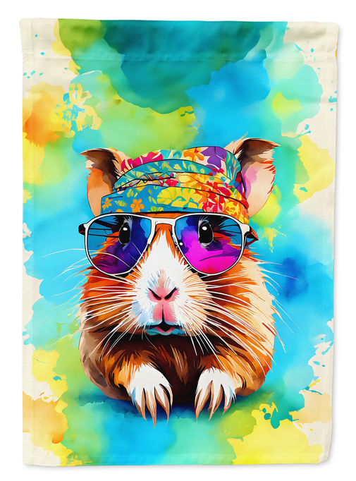Guinea pig garden flag, colorful watercolor portrait wearing sunglasses and patterned headband