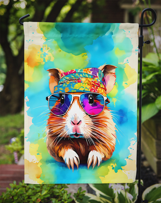 Guinea pig garden flag on outdoor pole, bright watercolor portrait with sunglasses and headband