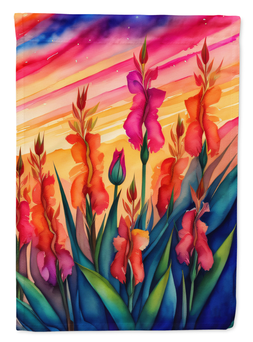 Garden flag close-up with vibrant gladiolus flowers in orange, purple, blue