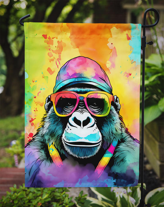 Colorful gorilla garden flag with rainbow sunglasses and watercolor backdrop
