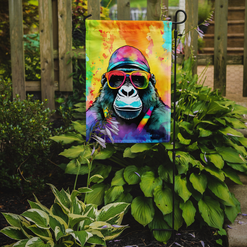 Gorilla garden flag on stake with bright rainbow sunglasses illustration