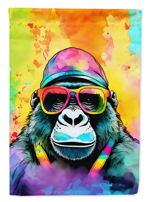 Close-up gorilla garden flag with rainbow sunglasses and vivid watercolor colors