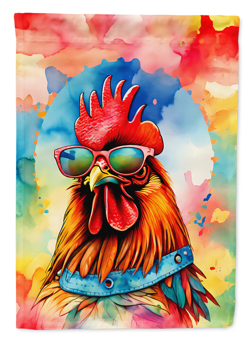 Rooster garden flag with red bird wearing sunglasses on watercolor splash background