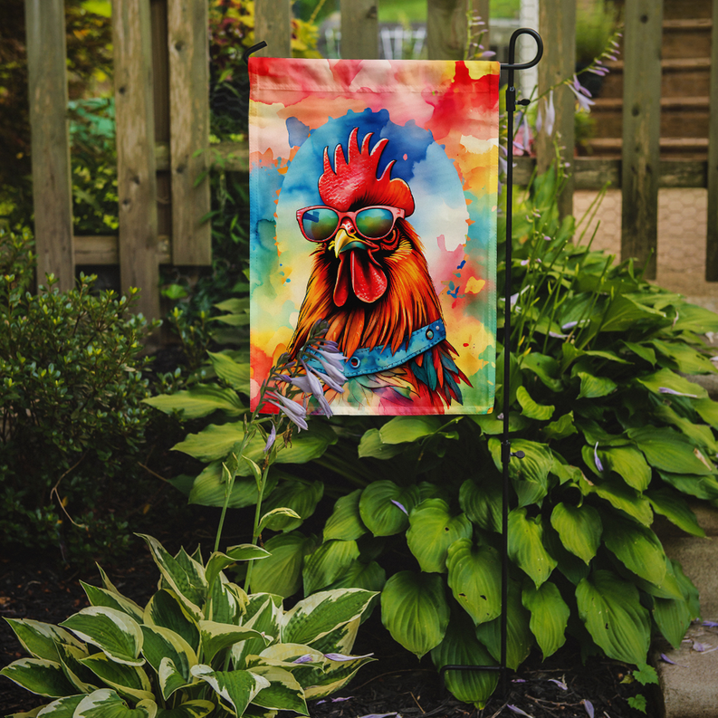 Rooster garden flag hanging on stake outdoors, watercolor splash and colorful plumage