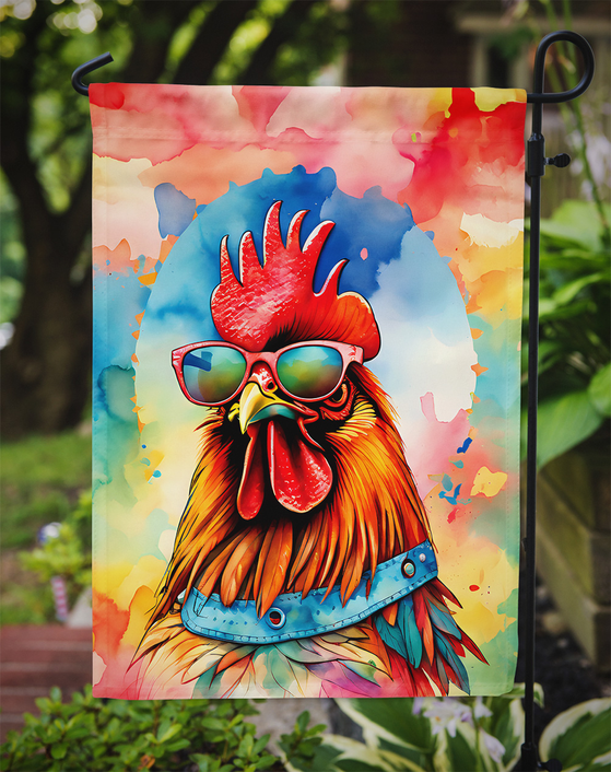 Rooster garden flag on outdoor pole, red rooster with sunglasses and watercolor background