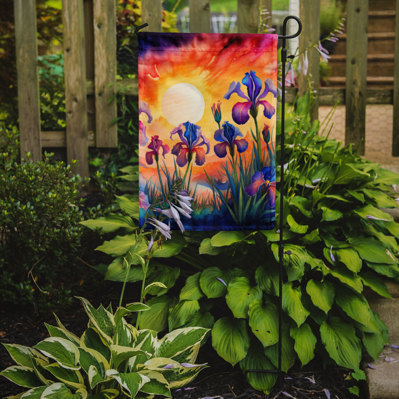 Garden flag featuring purple and blue irises with orange sunset and white moon