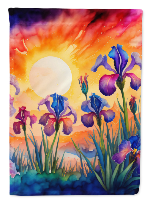 Garden flag close-up with purple and blue irises, orange sunset, and white moon